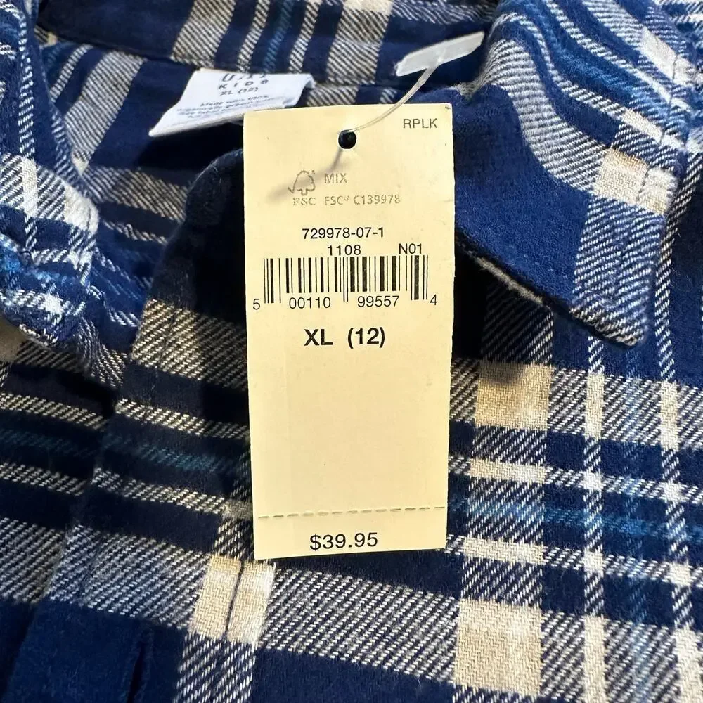 NWT Gap Blue Plaid Organic Cotton Flannel Button Down Boys XL 12
